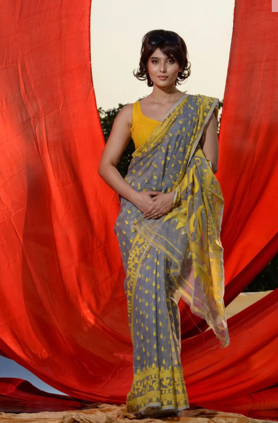 Yellow Lily on Grey Organza Saree – Picchika